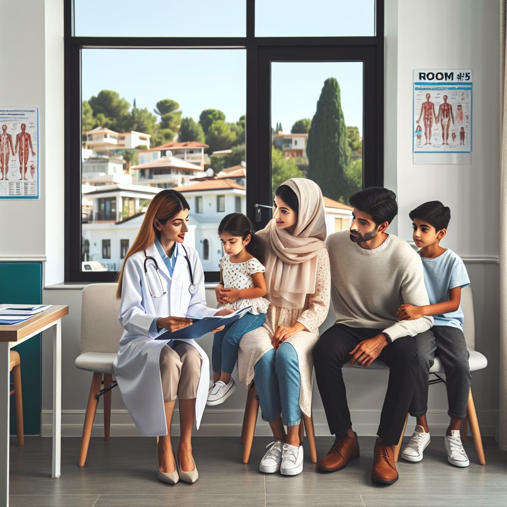 Healthcare professional consulting with a family at Alanya 5 Nolu Damlataş Aile Sağlık Merkezi.