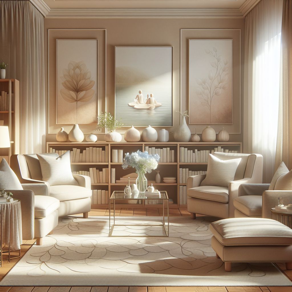 A cozy therapy room designed for professional psychological consultations, reflecting a comforting atmosphere.