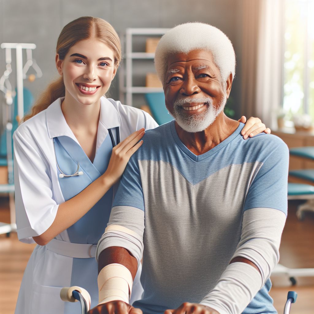 Nurse assisting elderly patient with physical rehabilitation exercises in Alanya