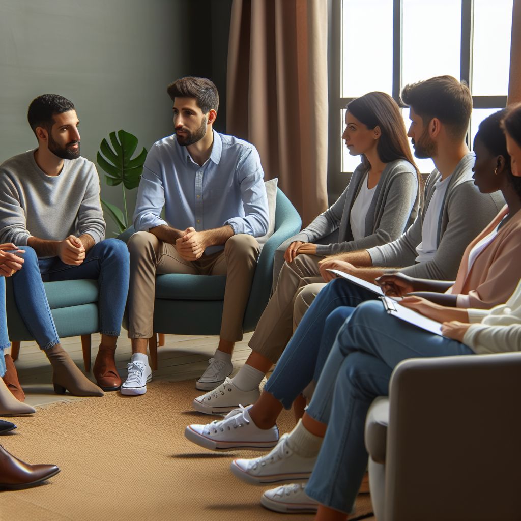 Group therapy session at Enlight Psikoloji Danışmanlık Alanya with participants sharing and supporting each other.