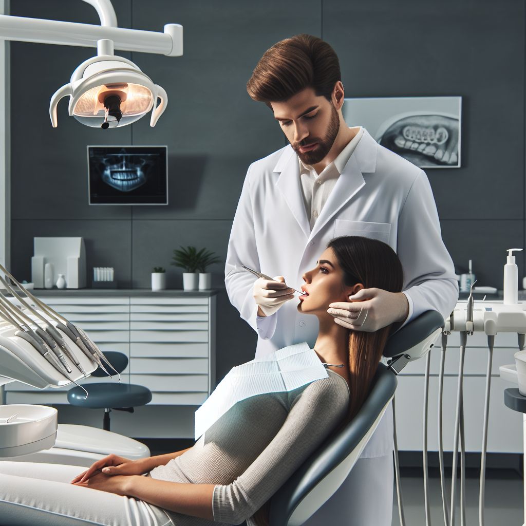 Dentist performing a dental examination in modern treatment room at Hospitadent Alanya