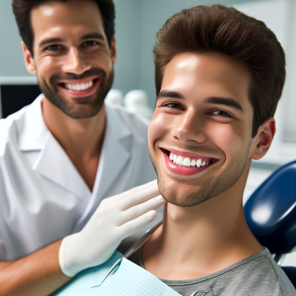 Patient receiving dental care by Dr. Tolga Torun in a friendly clinic setting.