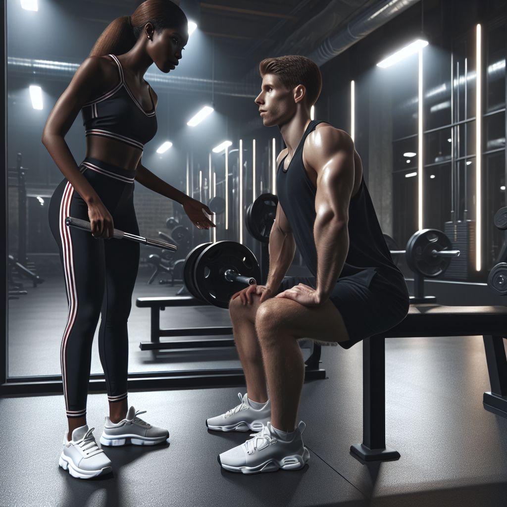 Personal trainer guiding a client during a weightlifting session at Netfit Alanya