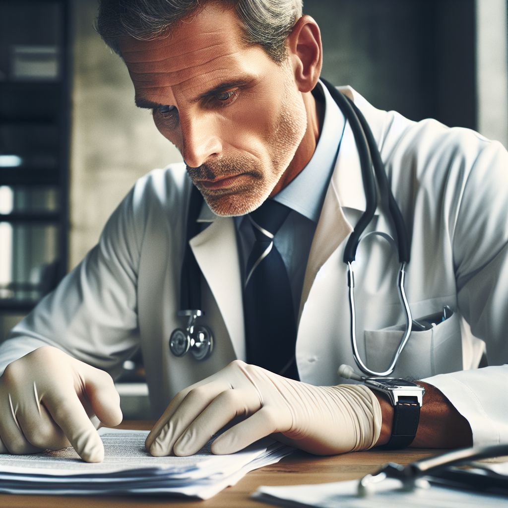 Uzm. Dr. Halil Selahattin Özten reviewing patient records before a medical examination.
