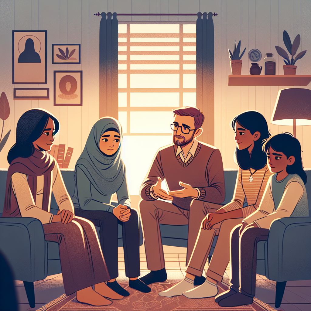 Family therapy session led by Uzman Klinik Psikolog Begüm Aydoğan, focusing on communication and support.